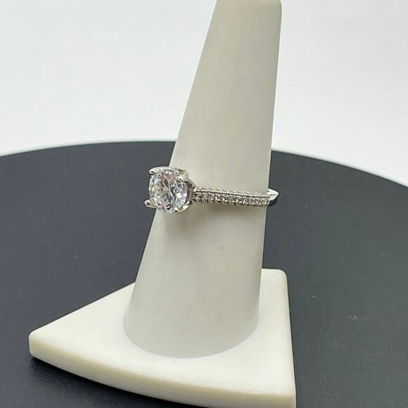 925 Sterling Silver Cathedral Solitaire Ring 7mm Round CZ Pavé Accents Size 8 - Picture 14 of 15